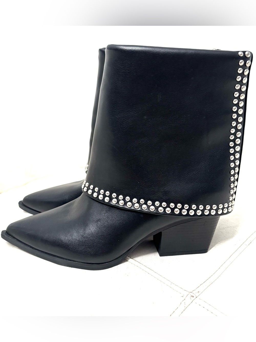 Michael Shanon Royce Fold Over Black Studded Pointed Ankle Booties